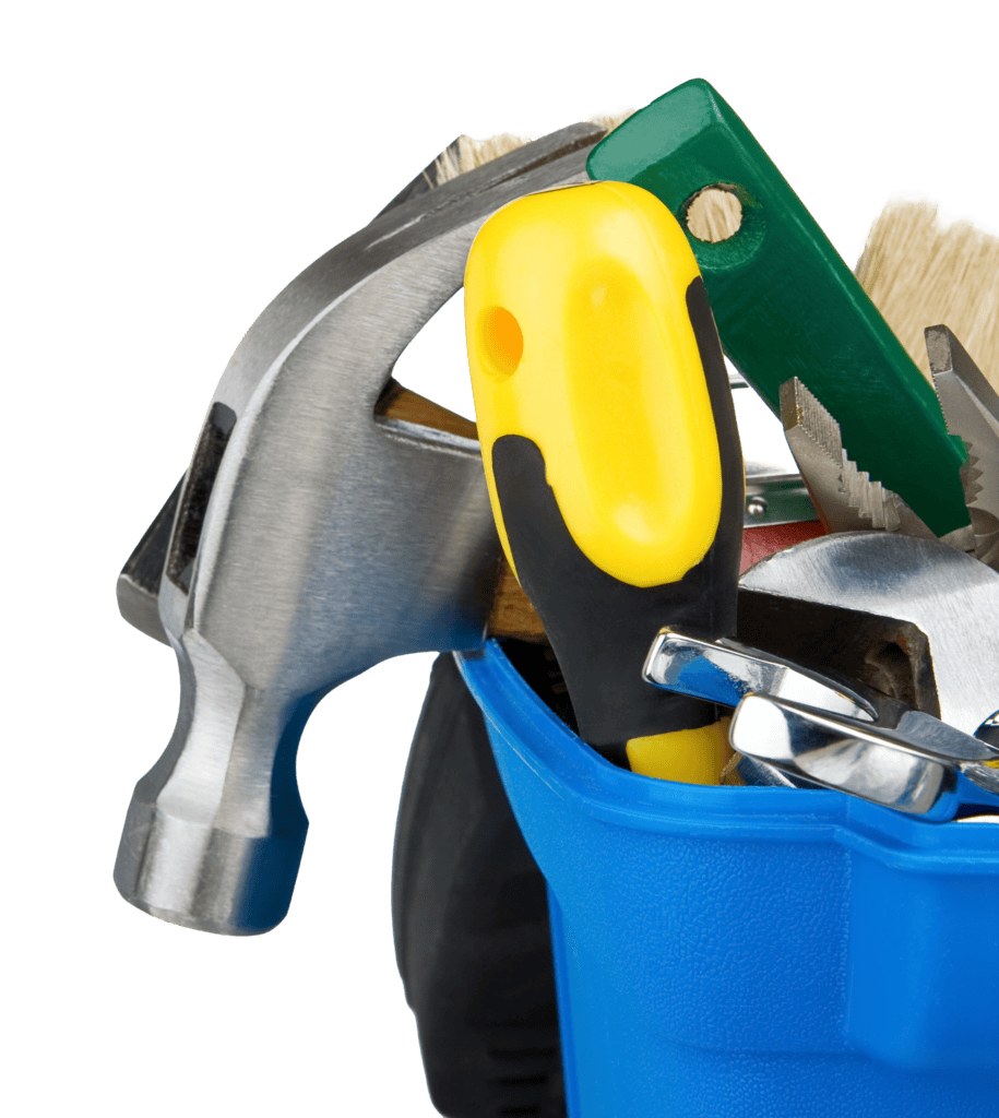 Tools for drywall installation and repair, including hammer, screwdriver, and level.