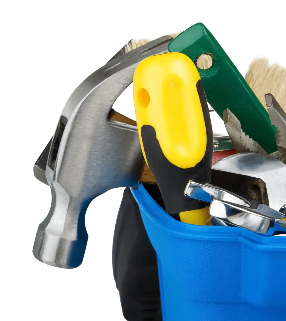 Tools for drywall installation and repair, including hammer, screwdriver, and level.